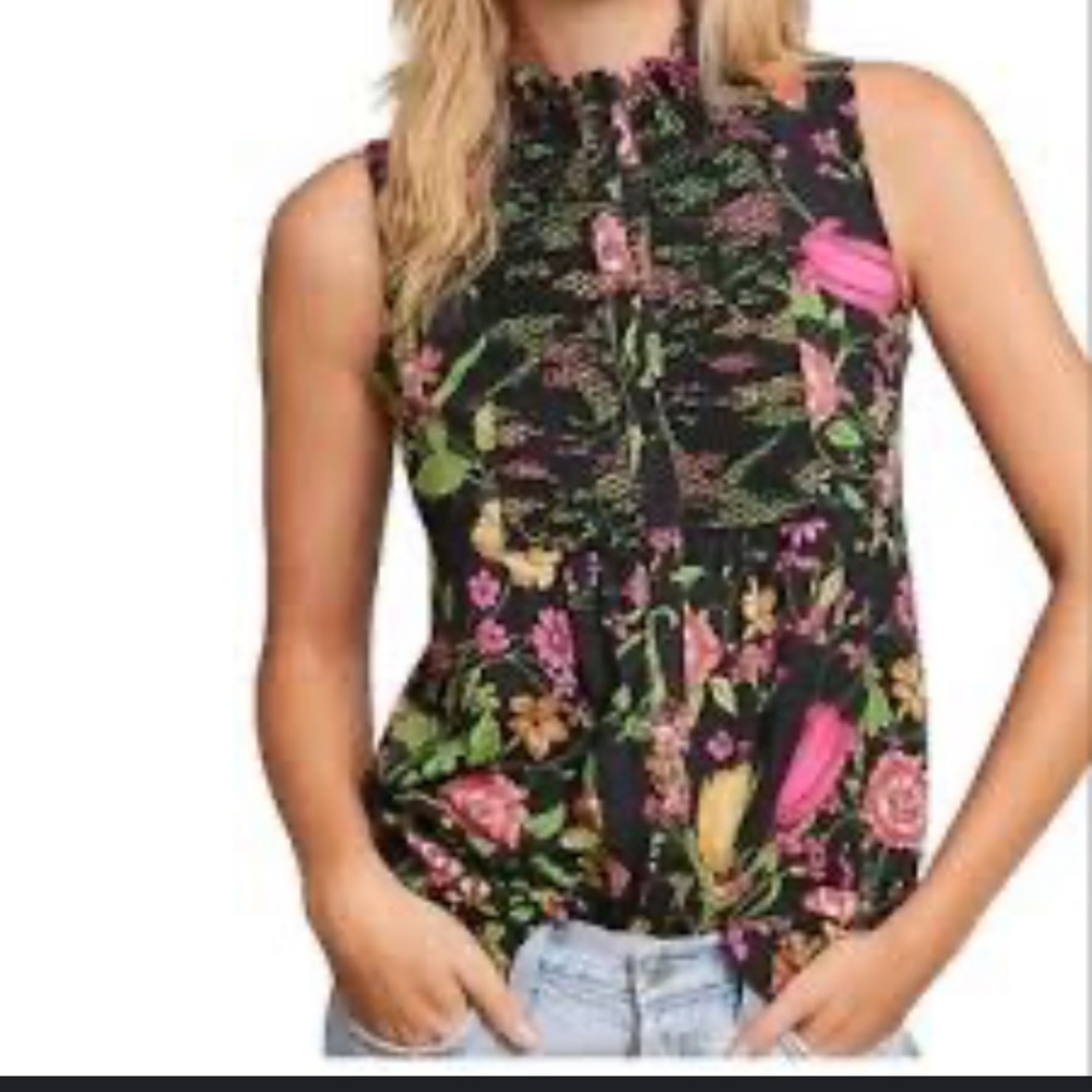 ANTHROPOLOGIE AKEMI + KIN sleeveless smocked knit floral black blouse to… - Picture 1 of 5